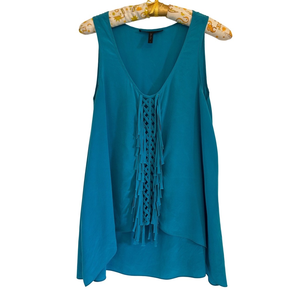 BCBGMAXAZRIA Womens Teal 100% Silk Fringe V-Neck‎ Tank Top Sz S Festival Boho
